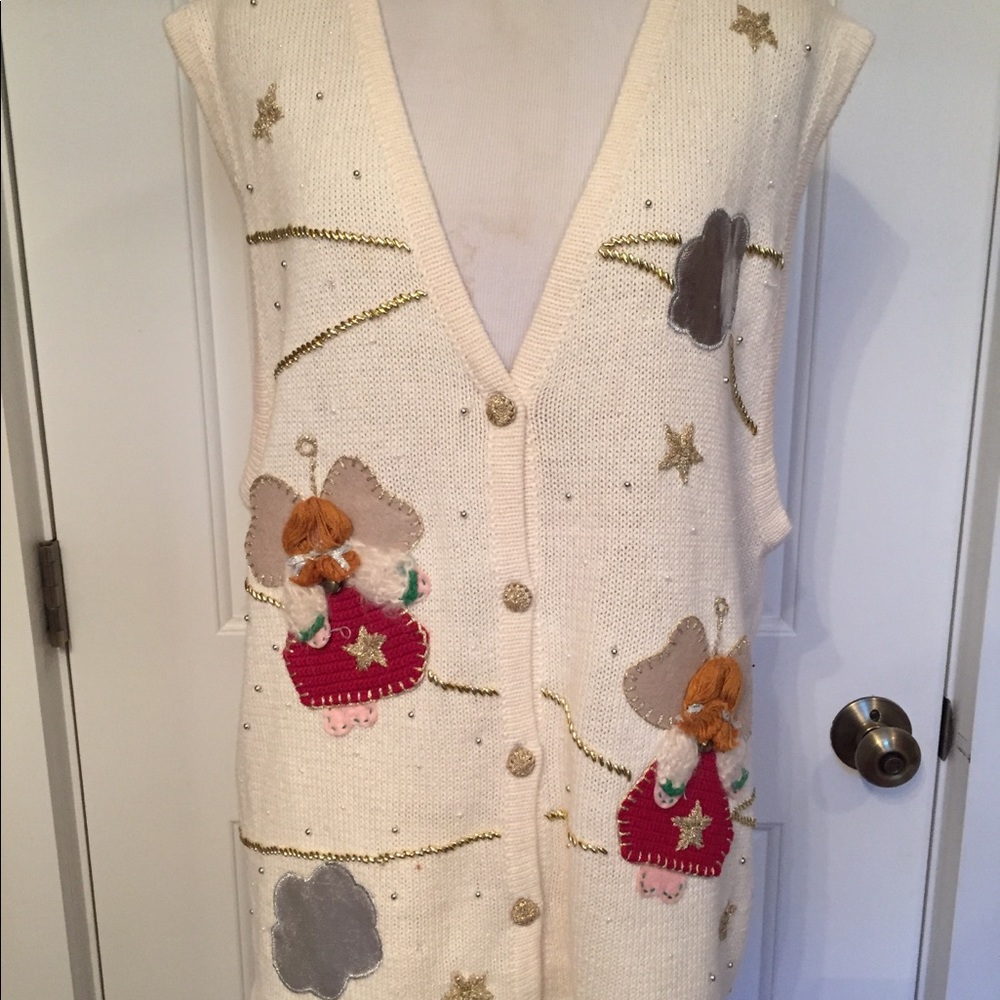 BOBBIE BROOKS SWEATER VEST CREAM UGLY XMAS GOLD RED SILVER ANGELS Size LARGE